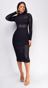 Taima High Neck Sheer Pointelle Midi Dress - Black